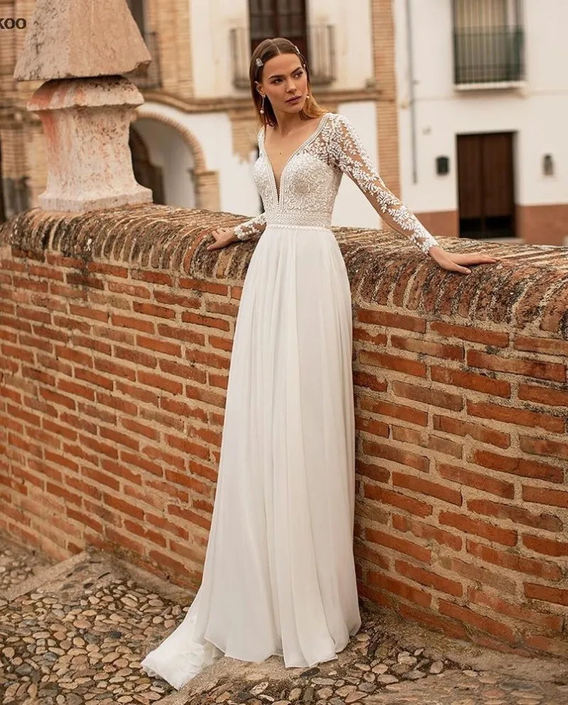 Abito da sposa a maniche lunghe con scollo a V Arabo Dubai Top in pizzo Beach Simple B