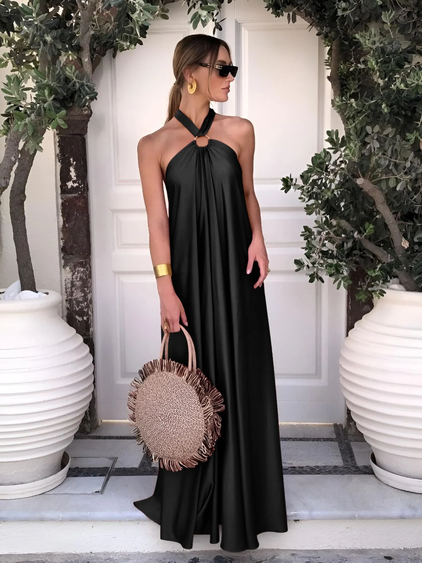 Abito Donna Lungo Bretelle Gioiello Monocolore Spalle Scoperte Elegante Cerimonia