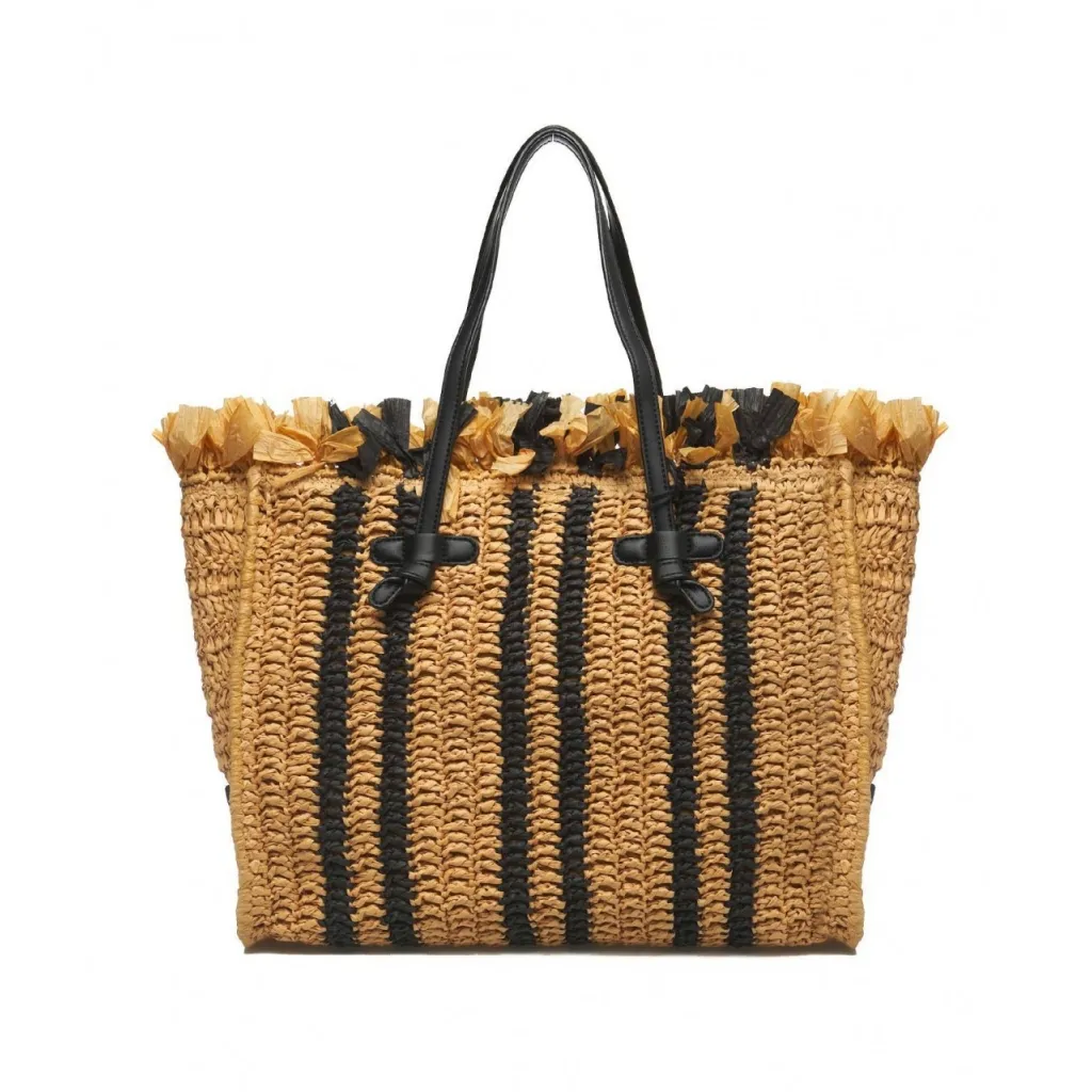 Borsa in rafia con frange beige