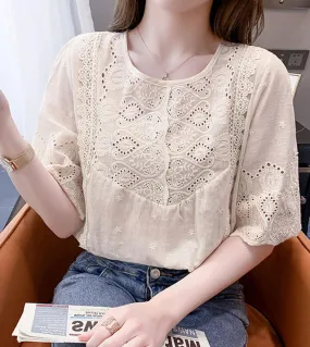 Camicetta estiva elegante in cotone da donna manica corta bianco scava fuori top o collo dolce donna allentata in pizzo femminil
