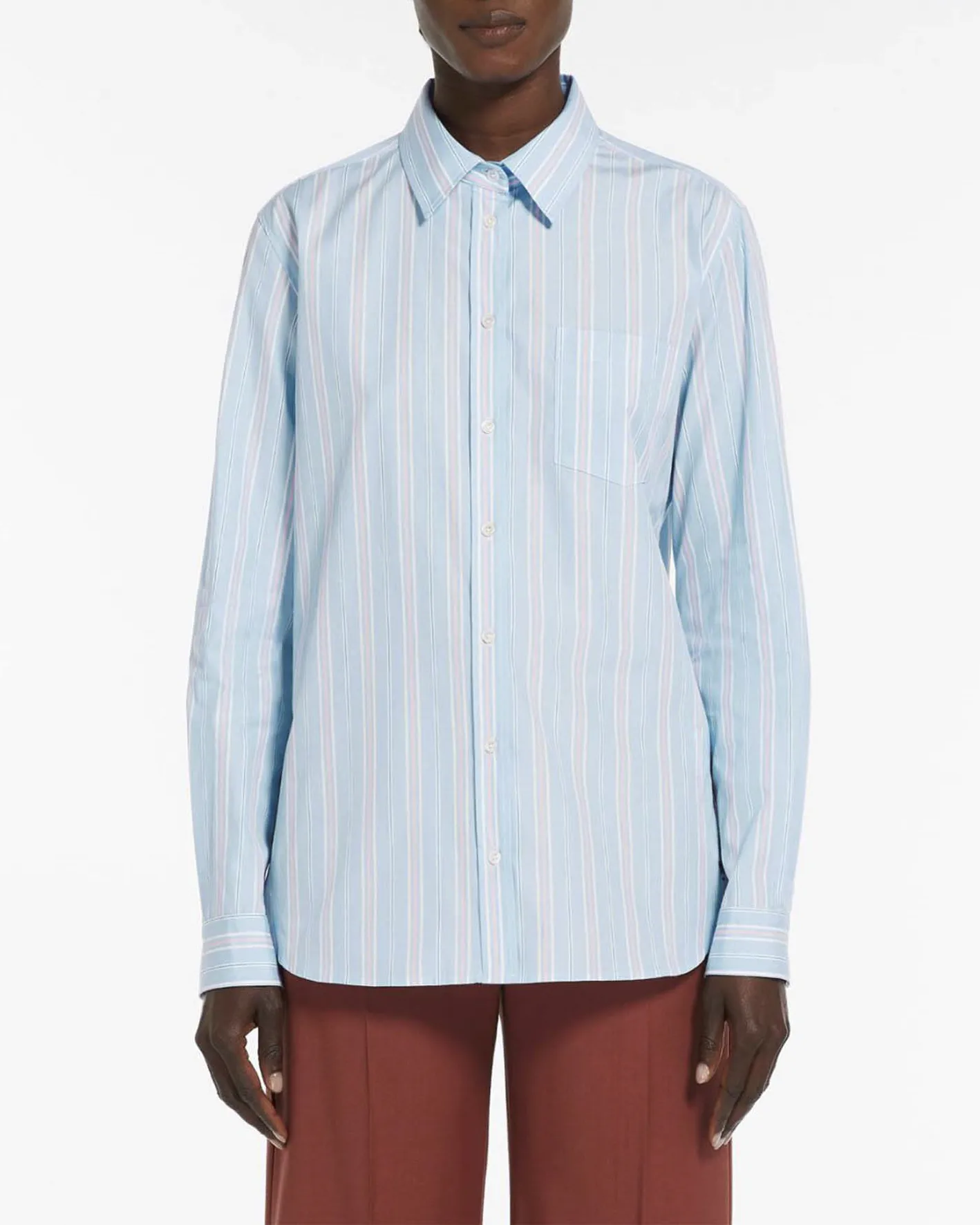 Camicia azzurra a righe rosa in popeline di cotone
