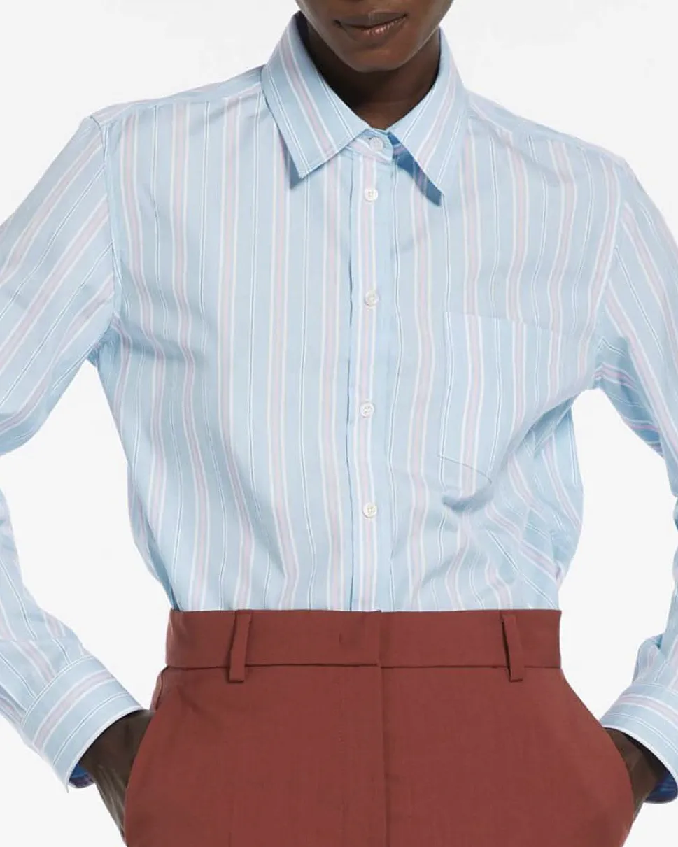 Camicia azzurra a righe rosa in popeline di cotone