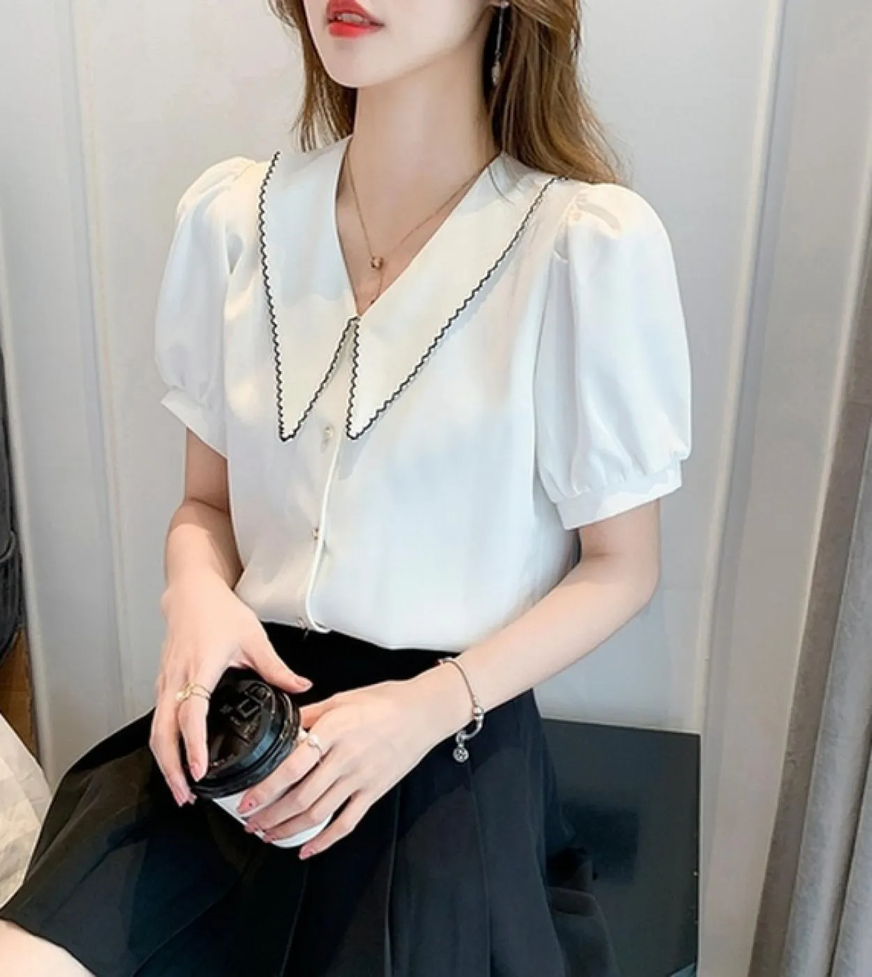 Camicia in chiffon a maniche corte Donna Estate New Sweet Doll Colletto Donna Camicia Top Button Oversize Elegante Blosue 15218