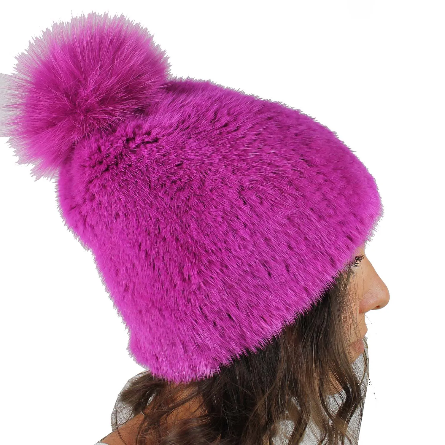 Cappello donna in pelliccia di visone – Berretto morbido con pon pon – Colore magenta