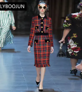 Fashion Runway Autunno Inverno Plaid Tweed Completo da donna Manica lunga Cappotto monopetto＋Gonna a tubino con nappe Set di 2 p