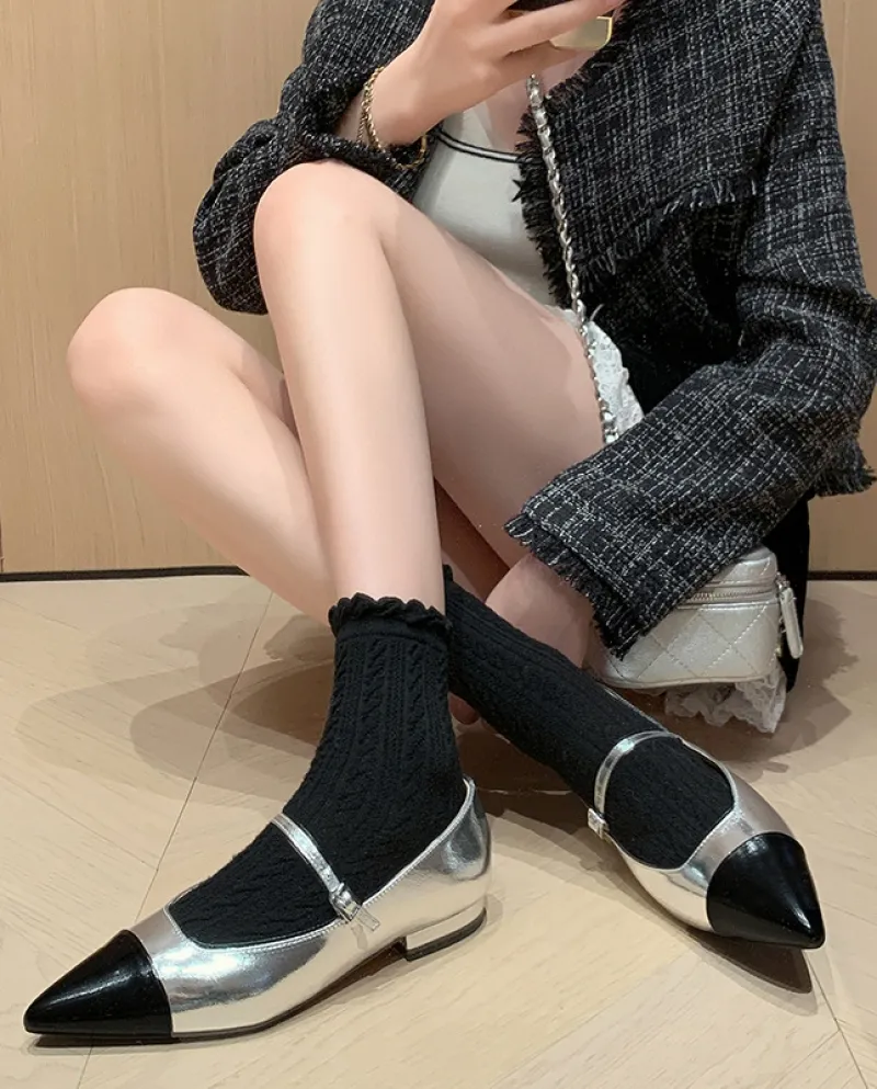 French Retro Pointed Toe Small Fragrant Style Color-blocked Buckle Strap Mary Jane Ballet Flat Shoes For Women