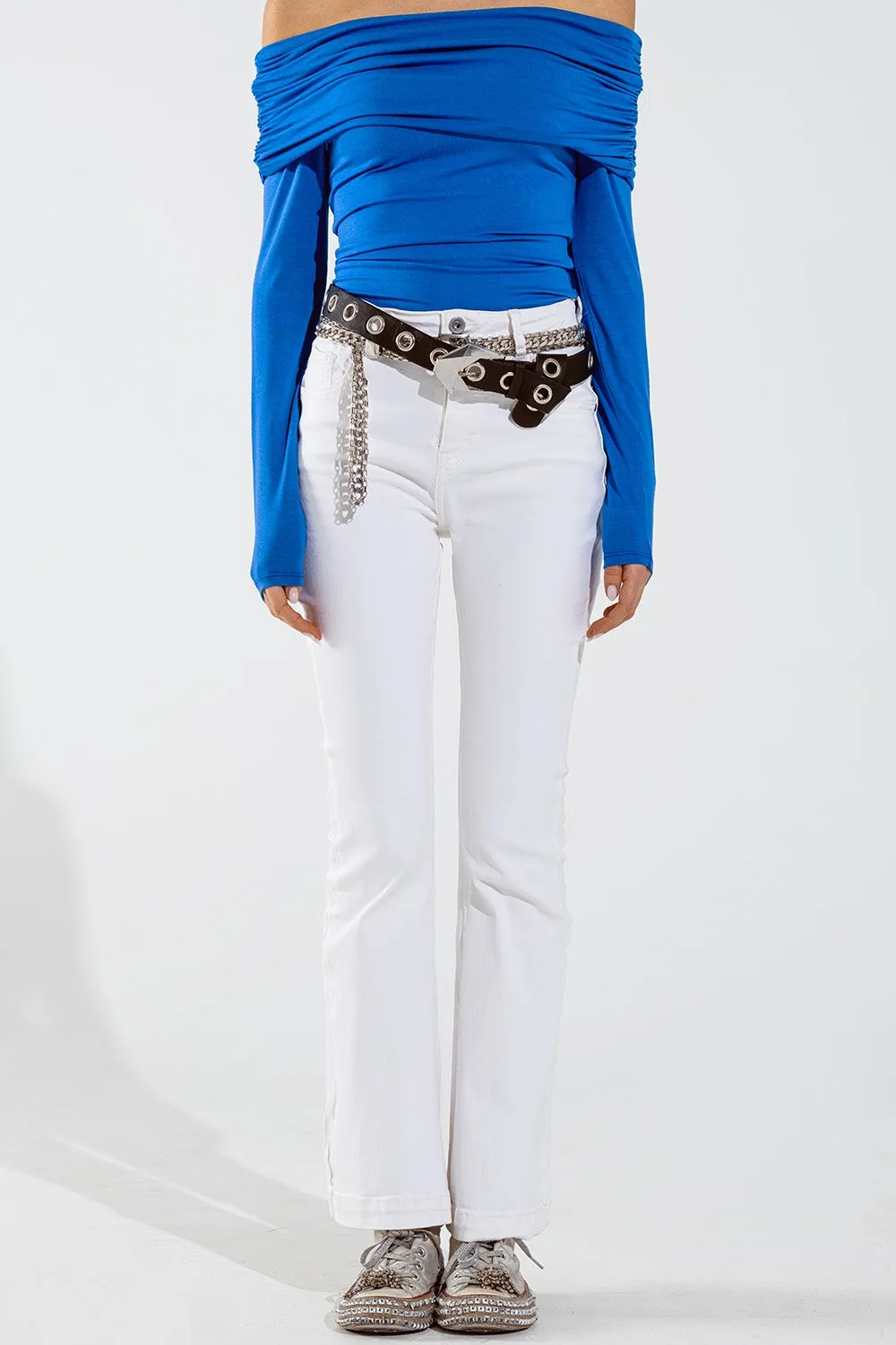 Jeans skinny svasati con doppio bottone in bianco