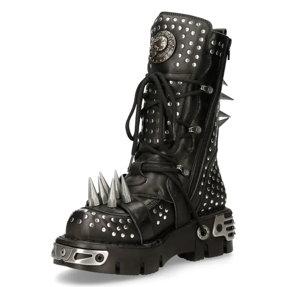 New Rock 1535-S1 Stivali Alti Militari Pelle Nera a Punta in Metallo con Fibbie Punk EMO