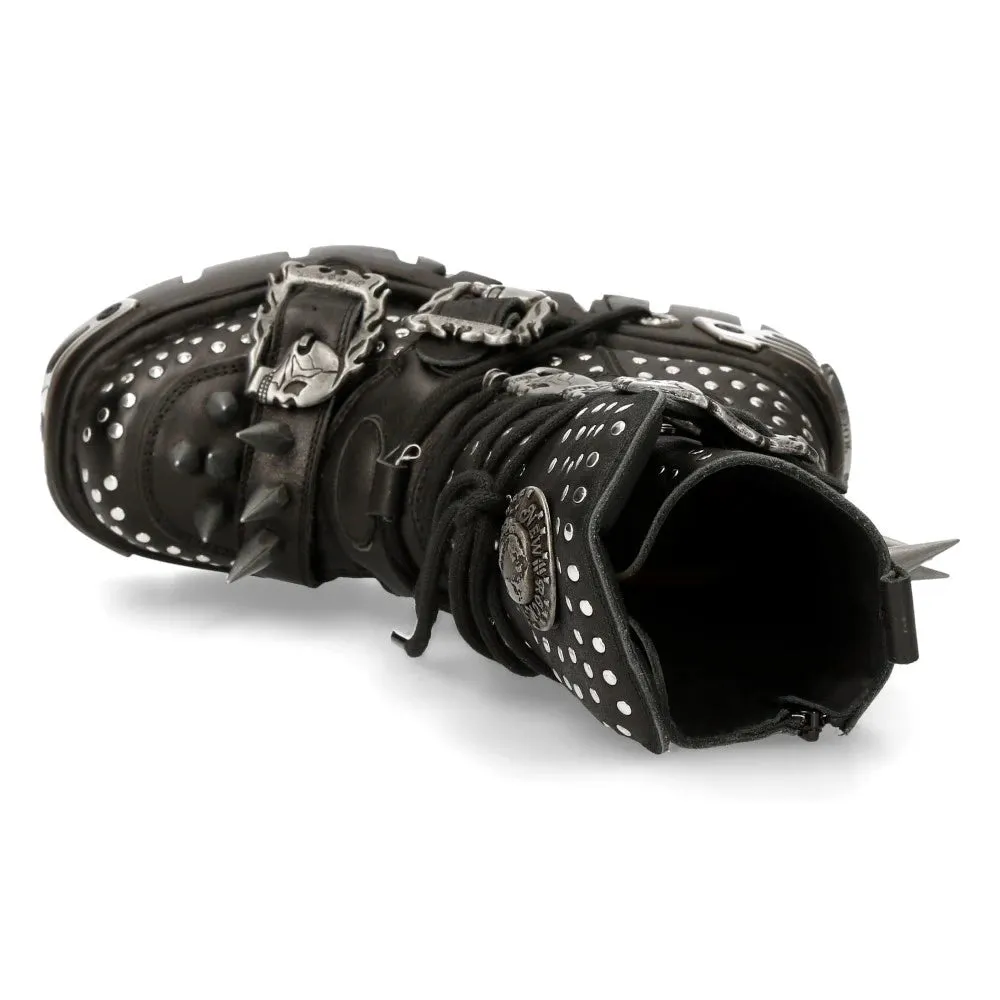 New Rock 1535-S1 Stivali Alti Militari Pelle Nera a Punta in Metallo con Fibbie Punk EMO