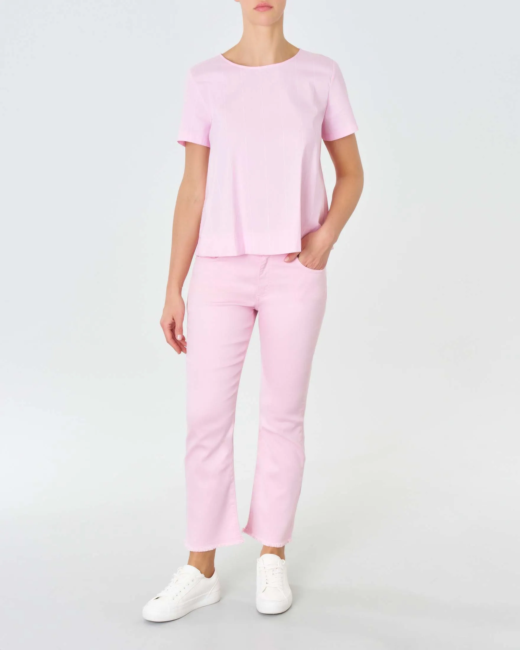 Pantaloni cinque tasche rosa in cotone e lyocell con orli sfrangiati