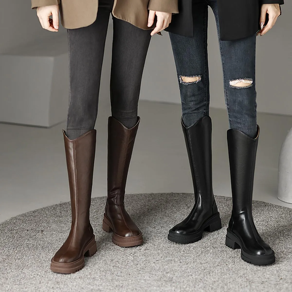 Stivali alti al ginocchio da donna con tacco spesso Autunno Inverno Conciso Moda popolare Scarpe con plateau con cerniera poster