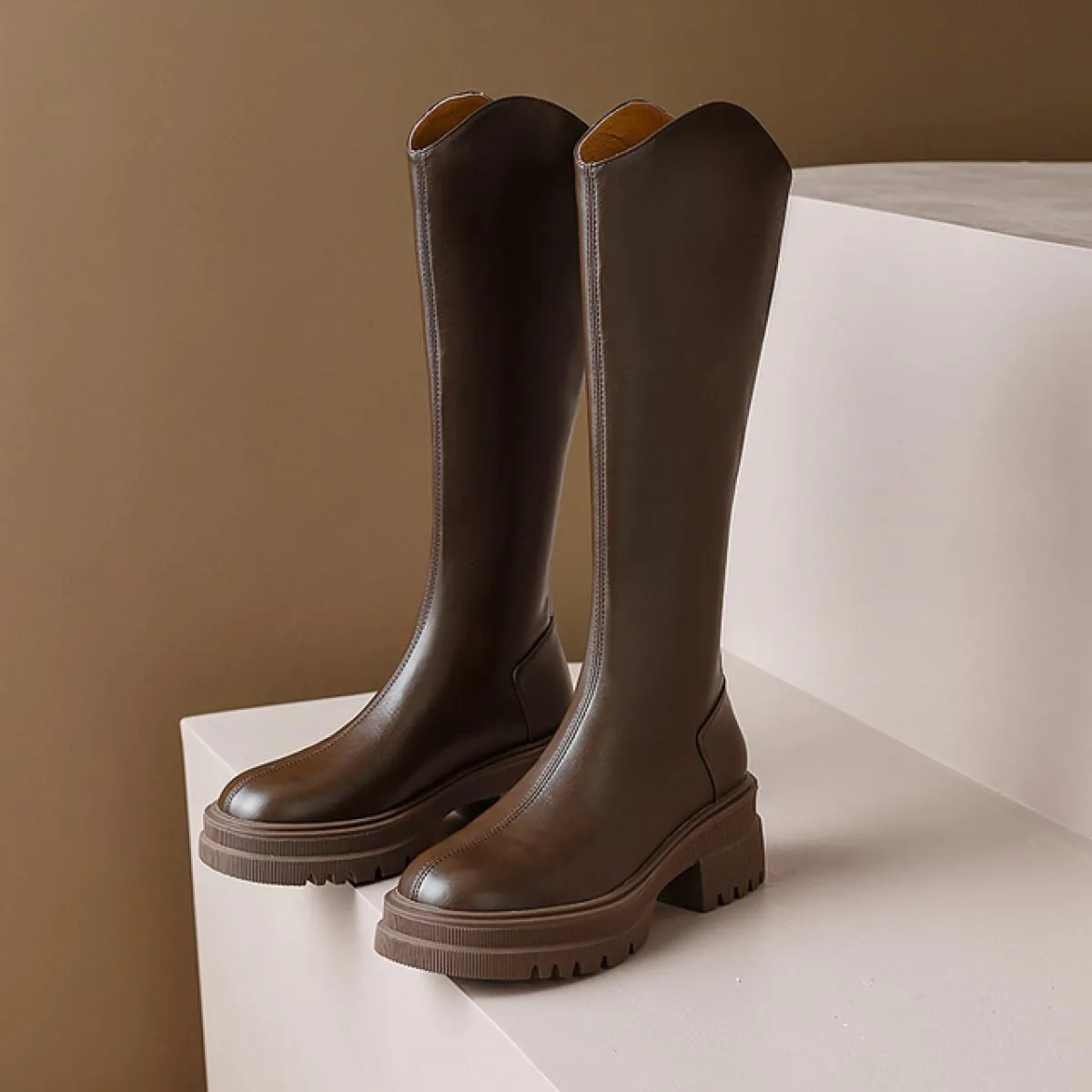 Stivali alti al ginocchio da donna con tacco spesso Autunno Inverno Conciso Moda popolare Scarpe con plateau con cerniera poster
