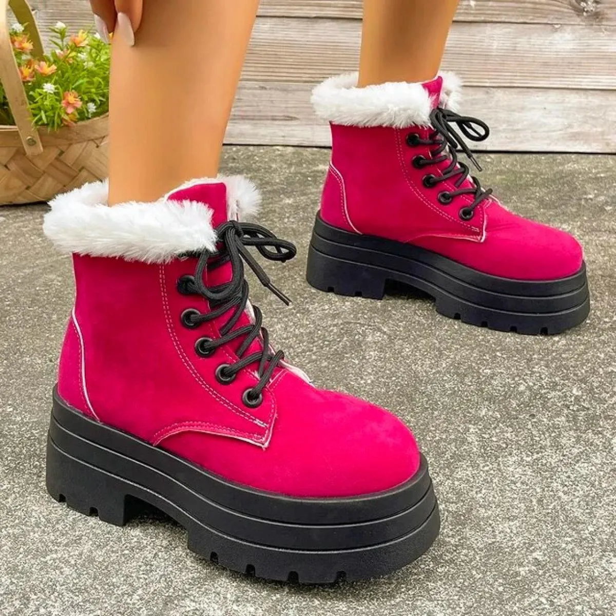 Stivali stringati da donna rosa Scarpe invernali Scarpe firmate con plateau 2024 Nuovi stivaletti da donna con cuciture in pelle