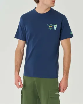 T-shirt blu mezza manica in cotone con ricamo Mojito sul petto