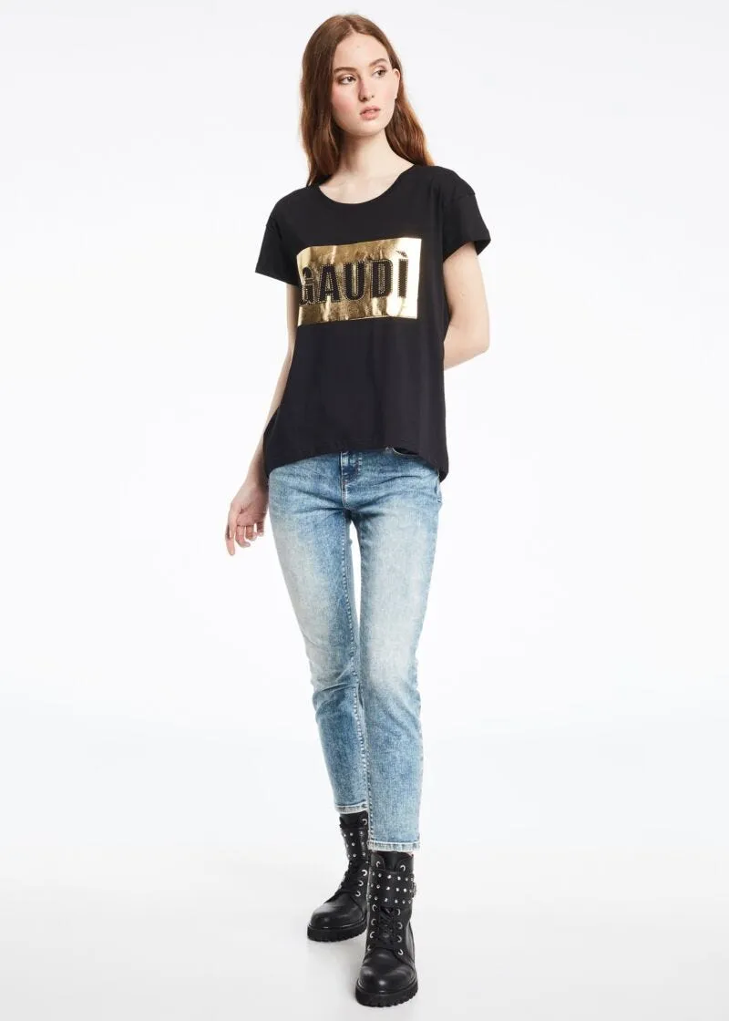 T shirt con logo dorato