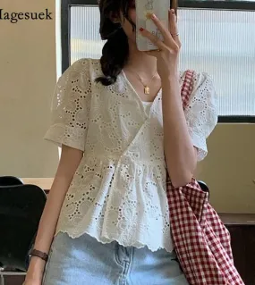 Top da donna con scollo a V estivo Camicetta floreale con scollo a V in pizzo nuovo Camicetta bianca dolce a vita alta con manic
