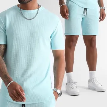 Waffle 1215 Set di maglietta oversize blu turchese e pantaloncini da jogging testurizzati